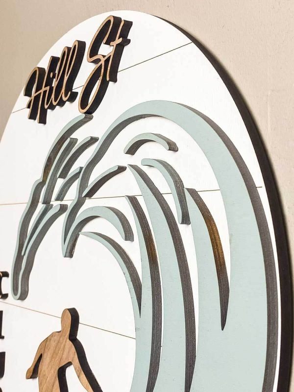 Close up view of the top part of the surfer nursery sign