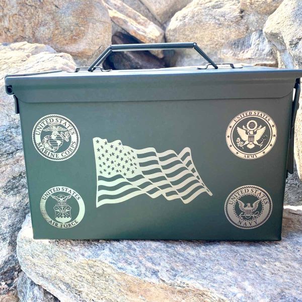 american flag and armed forces logos engraved on an olive green ammo can