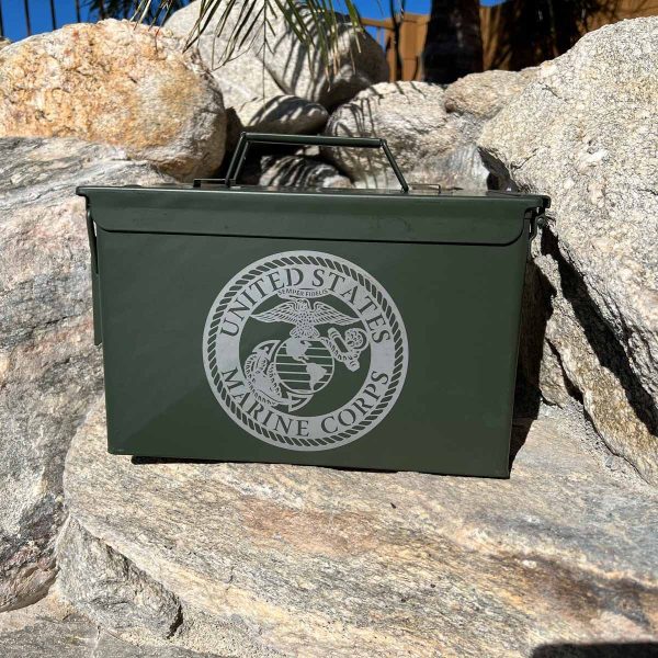 olive green ammo can with marine corps log engraved
