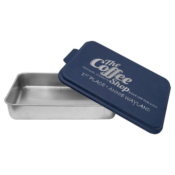 silver cake pan with navy blue personalized lid