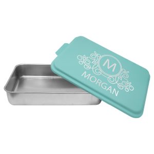 silver cake pan with teal personalized lid