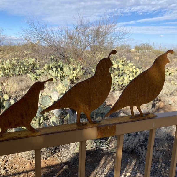 three rusted metal quail sitting on a fence