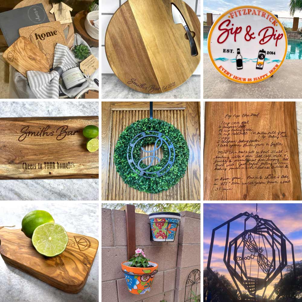 collage of Real Estate closing gifts. Custom cutting boards, wreaths, wind spinners, pot hangers, and acrylic signs for housewarming gifts