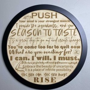 round wall art with wood engraved tunde peloton quotes