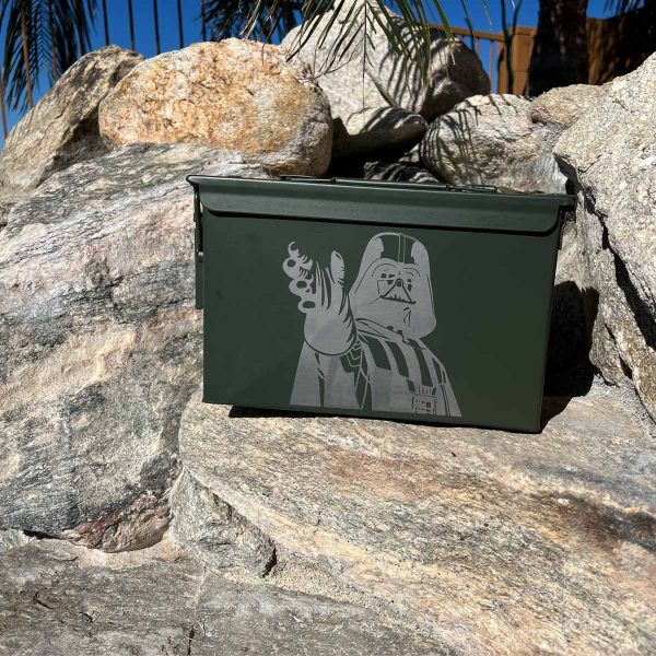 custom laser engraved ammo can in olive green with Darth Vader image
