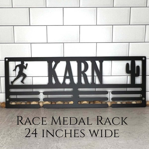 custom rack for race medals with runner, saguaro, and last name Karn