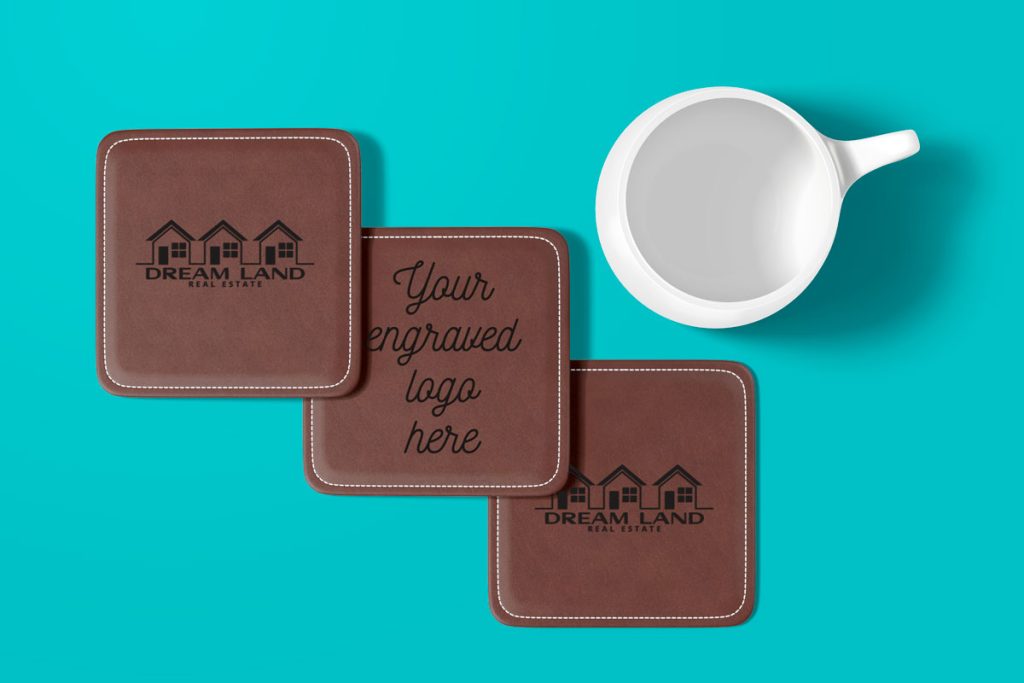 three leather coasters with realtor info as an example of bulk realtor gifts