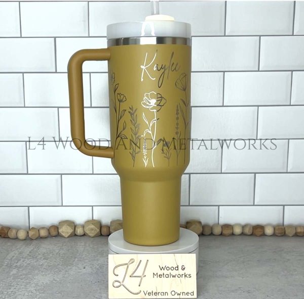 Custom engraved yarrow stanley 40 oz cup with wildflowers
