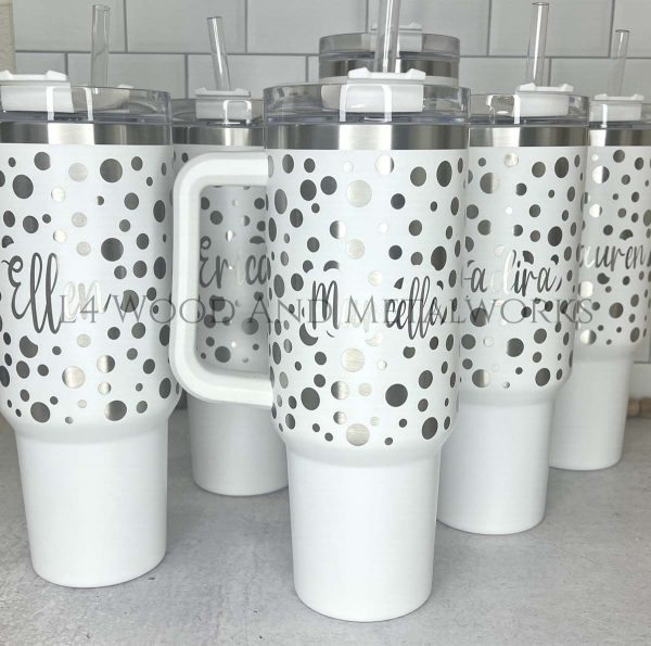 White Stanley Cups engraved with name and polka dots