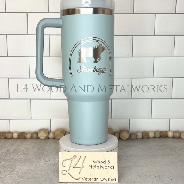 Custom engraved aqua Stanley cup with logo design