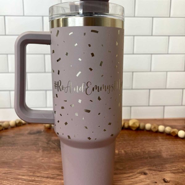 abalone tumbler with engraved confetti and Peloton leaderboard name