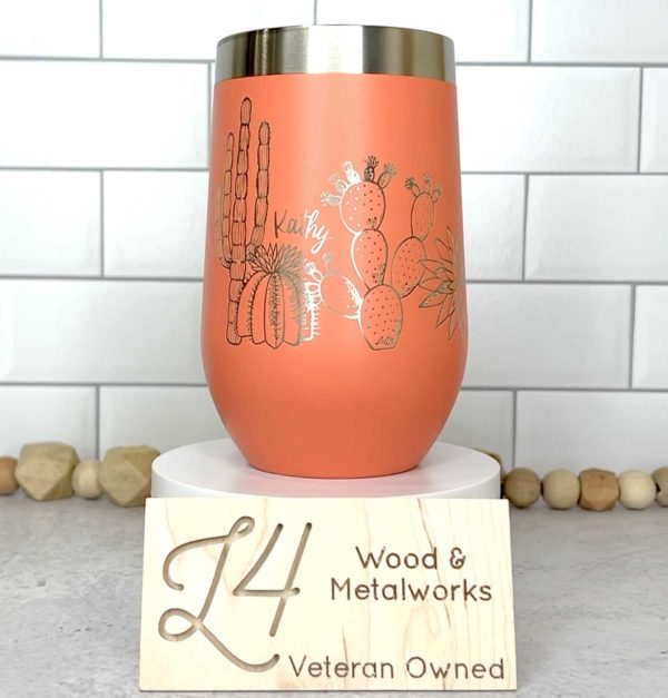 coral wine tumbler with desert engraving and name